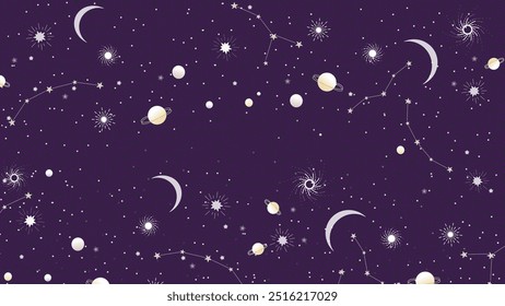 Padrão com tema espacial contínuo, apresentando planetas, estrelas e constelações em um fundo roxo vibrante. Ideal para designs de tecido, papel de parede e fundos digitais.