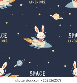 Seamless space-themed vector pattern. Cute bunny flying on a spaceship, space, stars and planets 