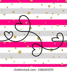 Seamless sparkles vector pattern with Outline hearts. Line art of a heart on a glitter striped background. Continuous wavy line forming a heart. Cute, gentle Symbol of love, Valentines day, weddings