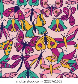 Seamless sparkly pattern with abstract bright butterflies. Print for textile, wallpaper, covers, surface. For fashion fabric. 