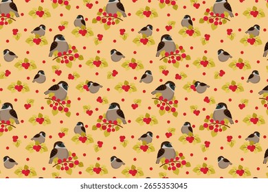 Seamless sparrow and oak leaf pattern with yellow berries on brown background – swatch available in swatches panel