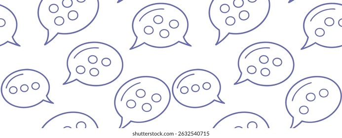Seamless speech bubble pattern with minimalist chat icons in linear outline style. Perfect for digital communication themes, social media graphics, and messaging interfaces. Vector background design.