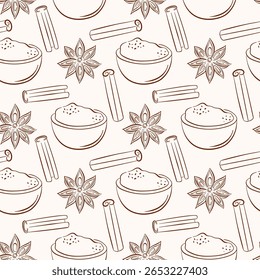 Seamless spice pattern with bowl cinnamon, stick and star anise in line art style. Ideal for culinary background, food packaging and natural organic kitchen design.