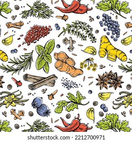 seamless spice pattern. Herbs and spices. Pepper, sesame, thyme, basil, coriander, cinnamon, cloves