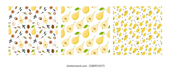 Seamless spicy pear patterns. Backgrounds with Pear fruit and spices. Warming drink for winter and autumn. Hot drink with sugar, spices and pear. Repeted illustration for wallpaper, textile, print