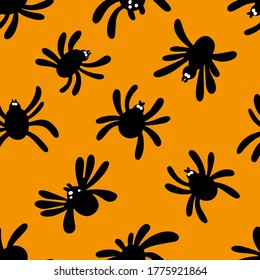 Seamless spider silhouette pattern on orange background. Halloween pattern. Design for Halloween. Vector flat illustration 