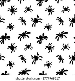 Seamless spider silhouette pattern on white background. Cute spider pattern. Design for printing, paper, packaging. Halloween Pattern. Vector illustration