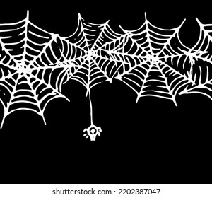 Seamless spider web border for Halloween. Vector Horizontal Spider Web Texture Stripes with White Outline on Black for Halloween Holiday Design Template