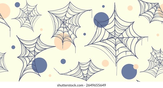 Seamless spider web pattern with cobwebs on a light background, perfect for Halloween packaging, scrapbooking, digital paper, fabric design, web backgrounds.Vector illustration