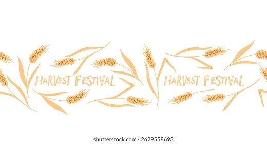 Seamless Spikelets Border. Flet vector illustration. Golden stalks of wheat with seeds. Agricultural product. Repeated background for wallpaper, scrap, wrapper. Seamless border with wheat