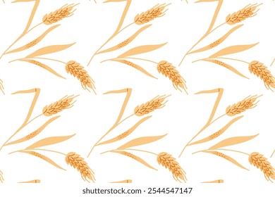 Seamless Spikelets Pattern. Flat vector illustration. Golden stalks of wheat, rye, barley print. Agricultural product. Repeated background for wallpaper, scrap, wrapper. Seamless pattern with wheat