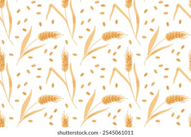 Seamless Spikelets Pattern. Flat vector illustration. Golden stalks of wheat, rye, barley print. Agricultural product. Repeated background for wallpaper, scrap, wrapper. Seamless pattern with wheat