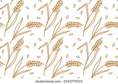 Seamless Spikelets Pattern. Linear doodle sketch. Hand drawn vector illustration. Golden stalks of wheat, rye, barley print. Agricultural product. Repeated background for wallpaper, scrap, wrapper