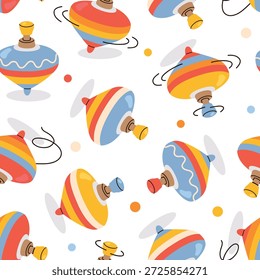 Seamless spinning top toys pattern with hand-drawn spinning top toys in a flat cartoon style. Cute childish design for textiles, wrapping paper, kids products and baby-themed backgrounds.