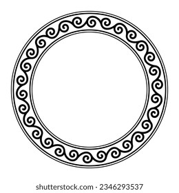 Seamless spiral pattern, circle frame. Decorative circular border with repeated spiral motif, connected to each other in an endless sequence. Isolated, black and white illustration over white. Vector.