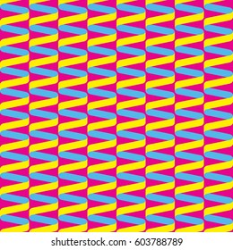 Seamless spiral ribbon wave pattern in yellow, blue and pink.