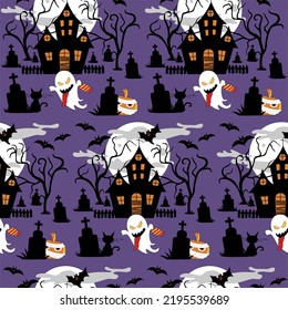 Seamless spooky Halloween vector pattern with haunted house in graveyard. Use as a background, wallpaper or print on a fabric. Convenient for any design surfaces.