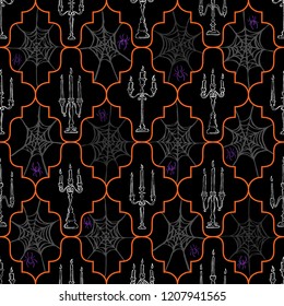 Seamless Spooky Halloween White Candelabras with Purple Spiders & Gray Webs and Orange Geometric Lines on Black. Great for Invitations, Stationery, Parties, Paper Crafting, Fabrics, and Home Decor.