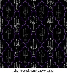 Seamless Spooky Halloween White & Gray Monochrome Candelabras and Purple Geometric Lines on Black. Great for invitations, scrapbooking, parties, textiles, home decor, fabric, and paper crafting.