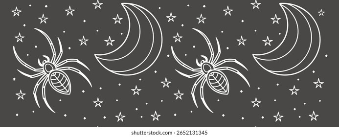 Seamless spooky pattern with spiders, crescent moons, and stars on dark background, perfect for Halloween wallpapers, fabrics, wrapping paper, prints, and gothic decorative design projects.
