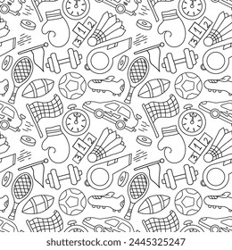 Seamless sport pattern. Background with sports icons. Doodle sport illustration