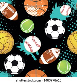 Seamless sport pattern with balls. Repeated backdrop for fashion clothes, t shirt, child, paper. Creative grunge design isolated on black