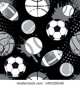 Seamless sport pattern with balls. Repeated backdrop for fashion clothes, t shirt, child, paper. Creative grunge design isolated on black