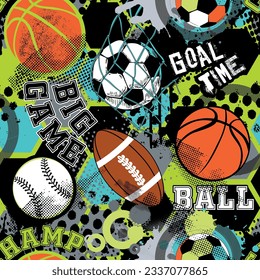 Seamless sport pattern with balls. Repeated backdrop for fashion clothes, t shirt, child, paper. Creative grunge design isolated on black