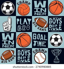 Seamless sport pattern with balls. Repeated backdrop for fashion clothes, t shirt, child, paper. Creative grunge design isolated on black