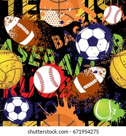 Seamless sport pattern with balls. Repeated backdrop for fashion clothes, t shirt, child, paper. Creative grunge design isolated on black