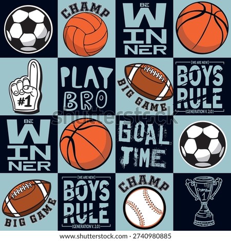 Seamless sport pattern with balls. Repeated backdrop for fashion clothes, t shirt, child, paper. Creative grunge design isolated on black