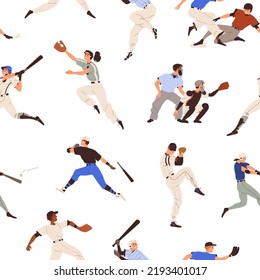 Seamless sport pattern with baseball game players, bats, gloves, balls print. Repeating background, texture design with athletes, batters, pitchers, catchers playing. Colored flat vector