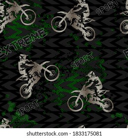 Seamless sport pattern for boys with motocross. Abstract background with man on motorcycle.