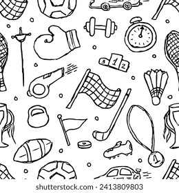 Patrón deportivo sin mar. Ilustración de garabatos con íconos deportivos. fondo con material deportivo