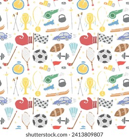 Patrón deportivo sin mar. Ilustración de garabatos con íconos deportivos. fondo con material deportivo