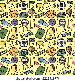 Patrón deportivo sin mar. Vector de garabatos con iconos deportivos. Antecedentes deportivos de época