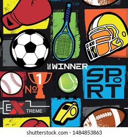 Seamless sport pattern with sport equipment . Repeated backdrop for fashion clothes, t shirt, child, paper. Creative grunge design