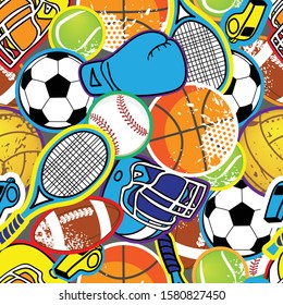 Seamless sport pattern with sport equipment . Repeated backdrop for fashion clothes, t shirt, child, paper. Creative grunge design isolated on white