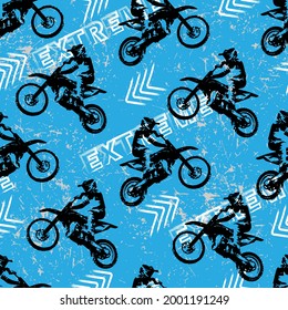 Seamless sport pattern for guys. Motocross, geometric elements and text on grunge texture.