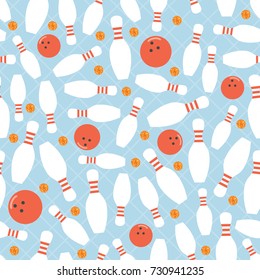 seamless sport pattern on blue background with Bowling ball ,bowling pins and orange dot glitter