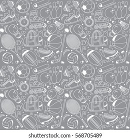Seamless sport pattern on grey background. Sport set in hand draw style. Sketchy sport background with tennis, basketball, football, volleyball, hockey, fitness, boxing, running, badminton.