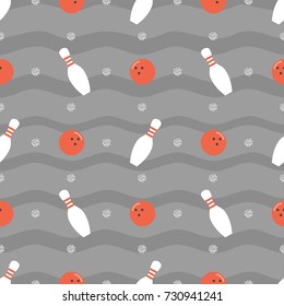 seamless sport pattern on grey background with Bowling ball ,bowling pins and silver dot glitter