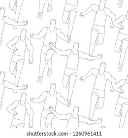 Seamless sport pattern, outline running people. Vector line background.