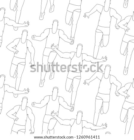 Seamless sport pattern, outline running people. Vector line background.