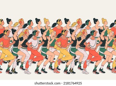 Seamless sport pattern with running people. Women character is jogging, listening music in headphones. The girls are running. Active healthy lifestyle vector illustration, modern cartoon style design