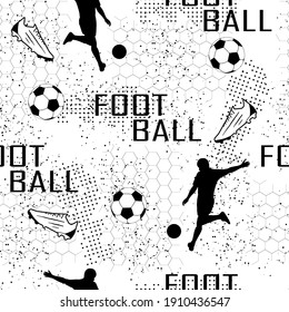 Seamless sport pattern with soccer players, text, ball and spray on white backdrop.