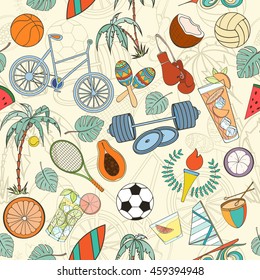 Seamless sport Rio 2016 pattern can be used for wallpaper website background wrapping paper. Brazil Summer 2016. Games in Rio de Janeiro. Rio sport games background 2016. Sport equipment pattern