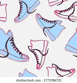 Seamless sport shoes pattern was created with hand drawn vector illustration in dirty sketched style. 