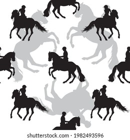 seamless sports background, equestrian sports, silhouettes of riders on white background