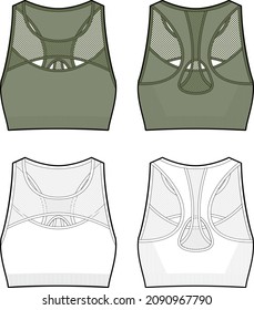 Seamless sports mesh bra flat sketch, Apparel template